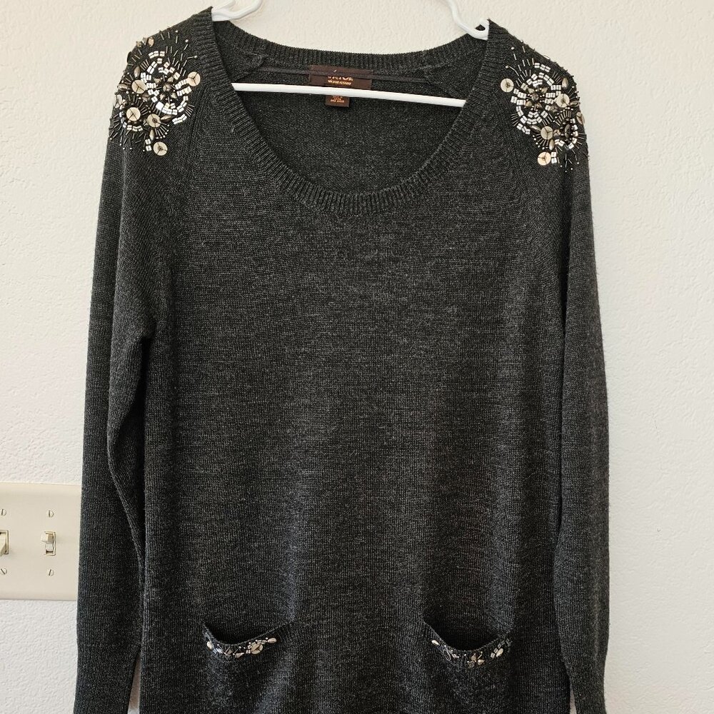 VICTOR ALFANO Women's Gray Wool Sweater - Gem Details - Size M - Pockets
